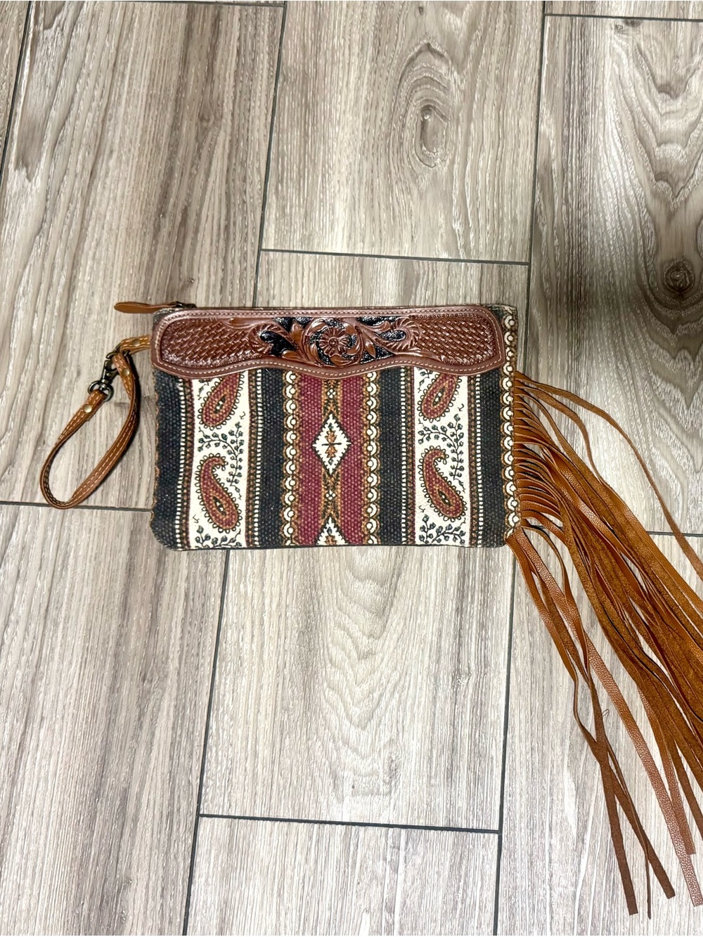 MYRA Fringe Paisley Wristlet Clutch in Brown and Ivory